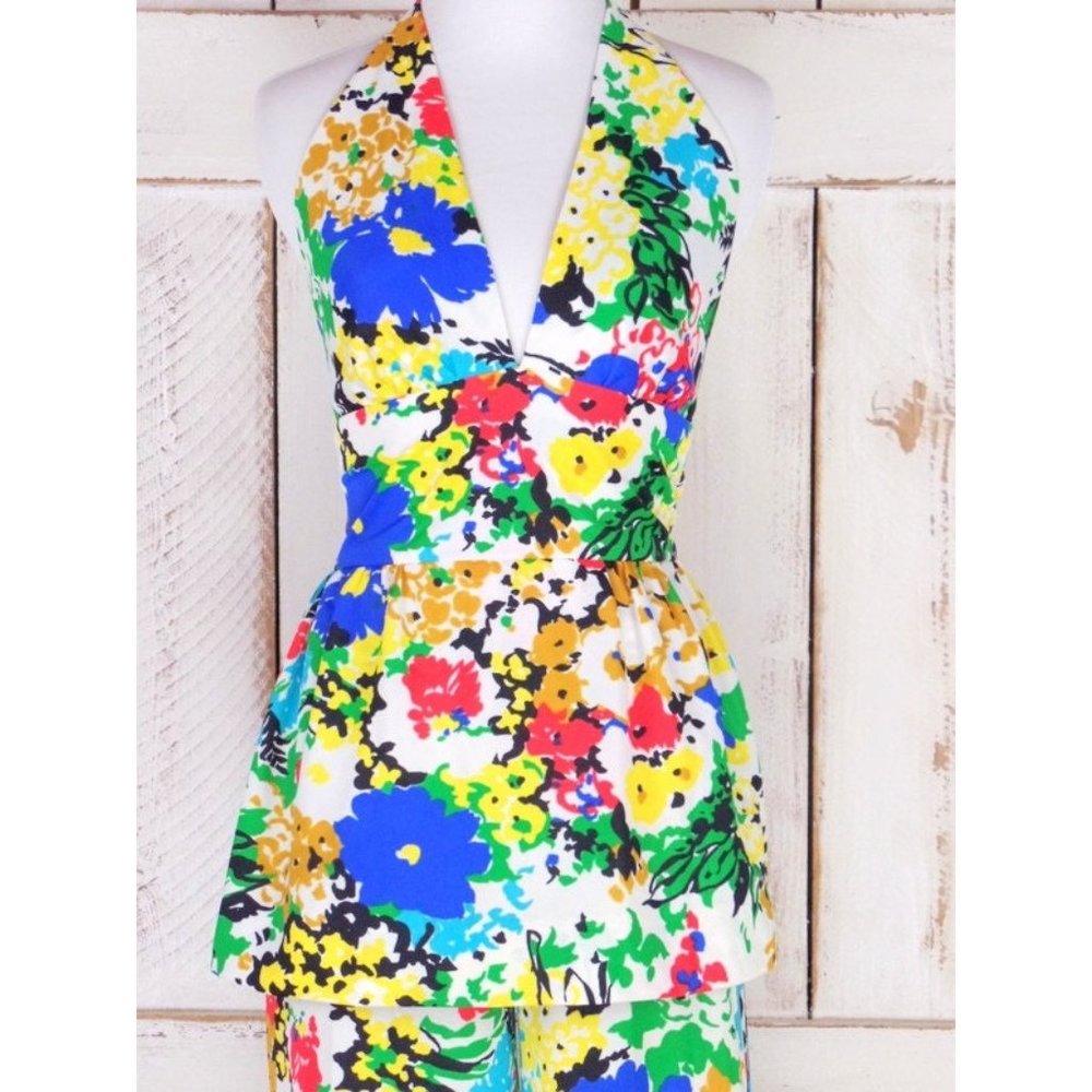 60s vintage Sundays Child California bright op art floral two piece pantsuit - Picture 3 of 5